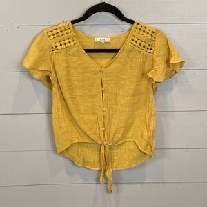 Mine Mustard Button-Front Blouse gauze lace front tie small